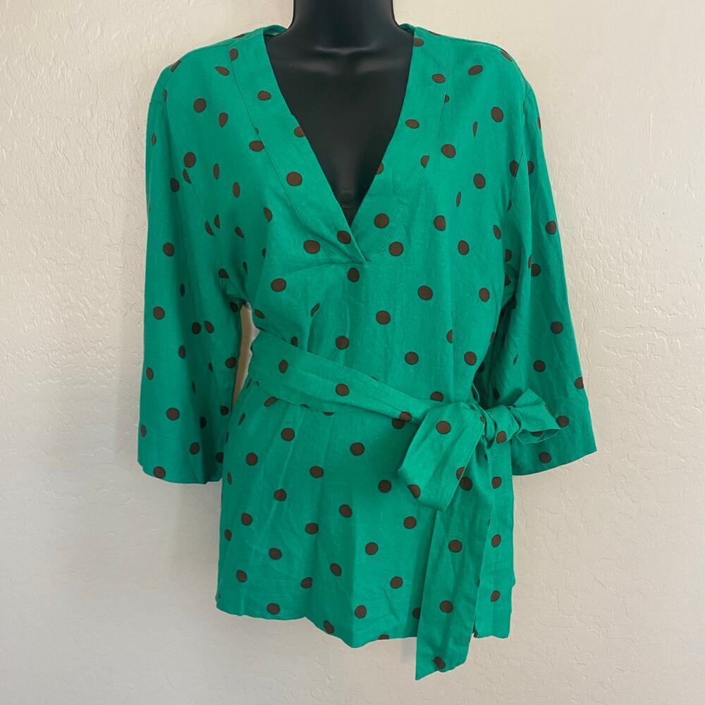 Zara Belted Top Blouse Womens Sz XL Polka Dot Linen Blend Kaftan Tunic Retro - Picture 5 of 8